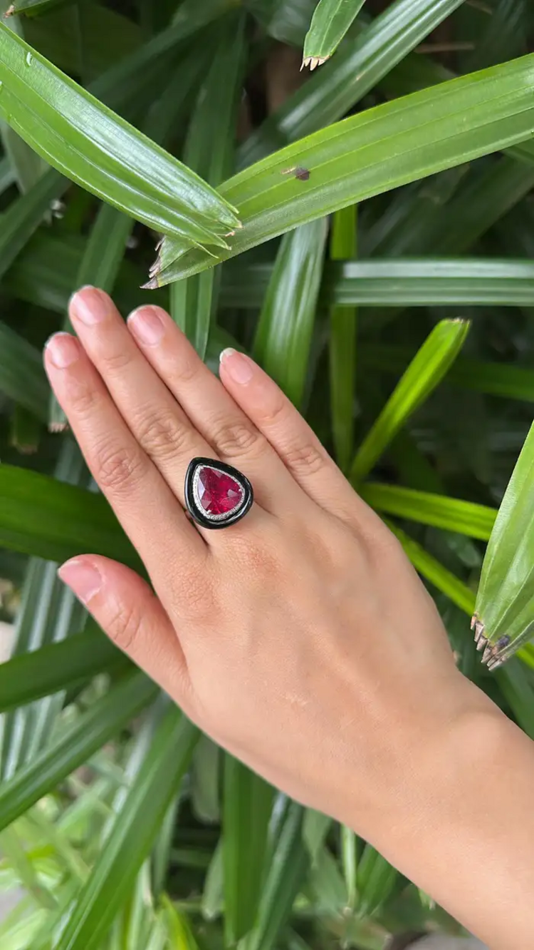 18k White Gold Diamond Cocktail Ring - Natural Rubellite & Black Onyx Ring
