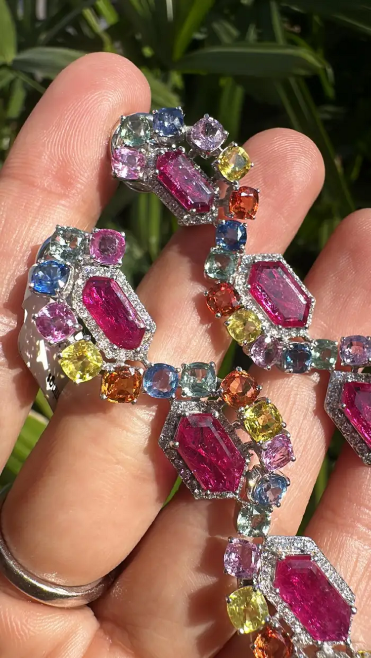 Natural Mozambique Ruby & Multi Sapphire Dangle Earrings - 18k White Gold Diamond Earrings