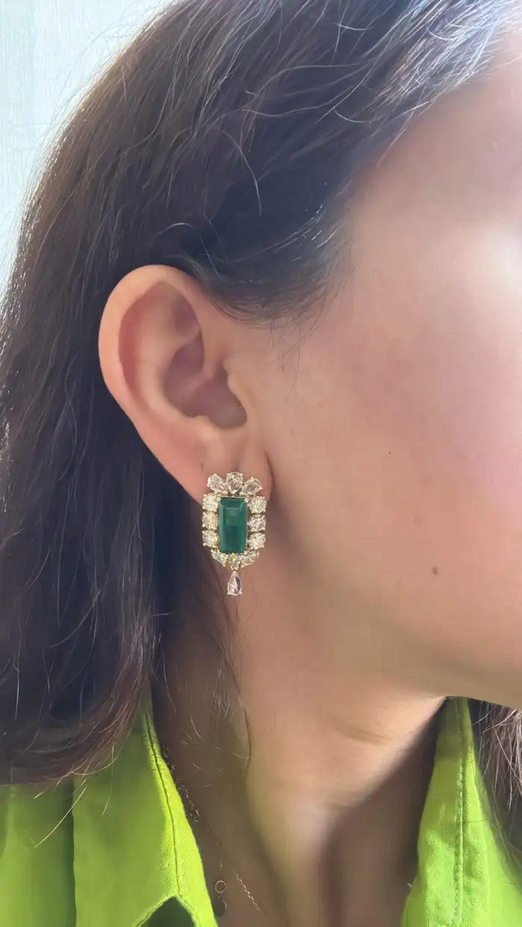 Natural Zambian Emerald & Yellow Rose Cut Diamond Earrings - 18k Yellow Gold Women Jewelry