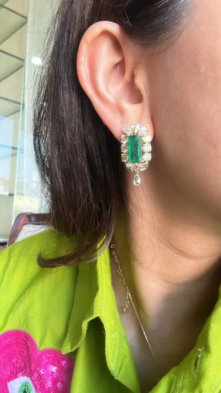 Natural Zambian Emerald & Yellow Rose Cut Diamond Earrings - 18k Yellow Gold Women Jewelry
