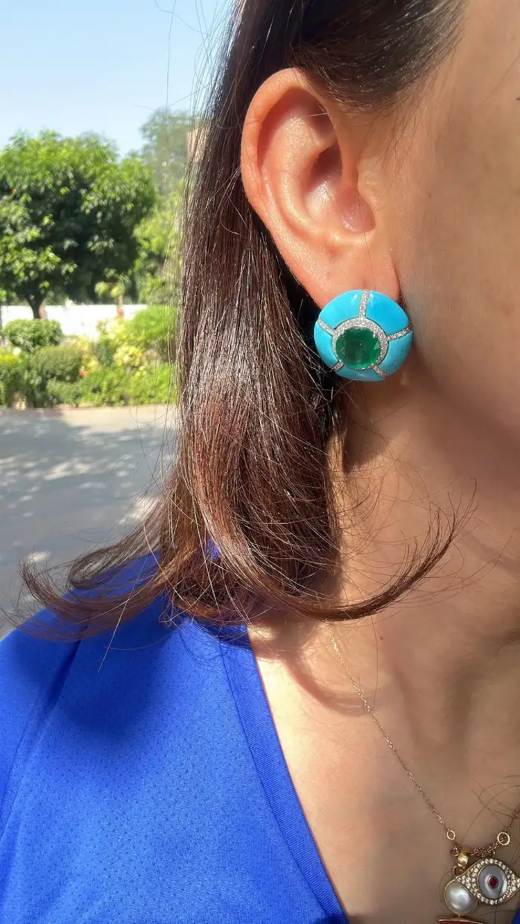 18k White Round Zambian Emerald Stud Earrings - Turquoise Gemstone & Diamond Women Jewelry