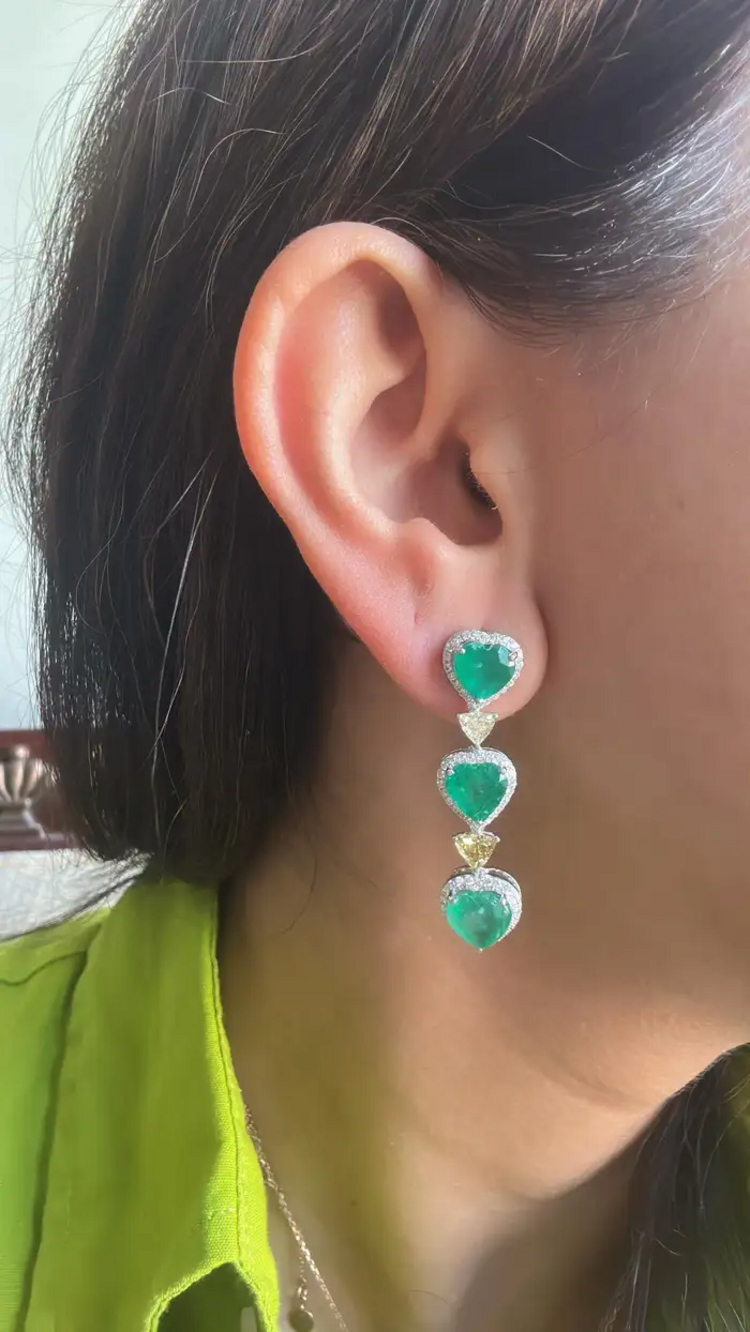 18K Gold, 8.26 carat, natural Zambian Emeralds & Diamonds Dangle Earrings