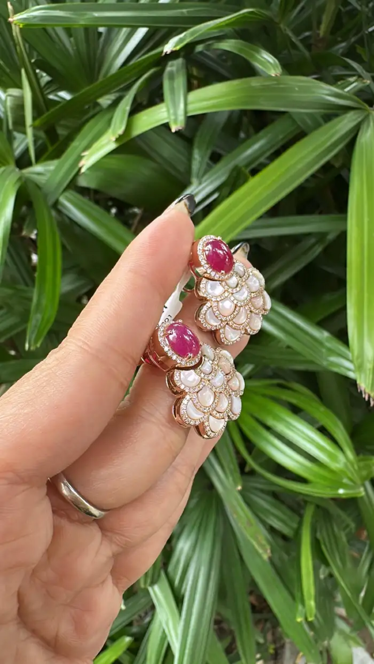 18k Rose Gold Diamond Stud Earrings - Natural Ruby & Mother Of Pearl Dangle Earrings