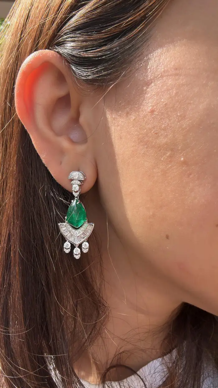 18k White Gold Handmade Dangle Earrings - Natural Zambian Emerald & Diamond Women Earrings