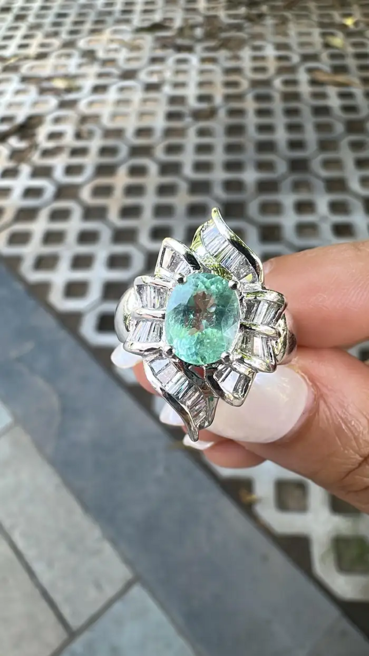 Platinum 900 Diamond Ring - Natural Paraiba Tourmaline Wedding Ring