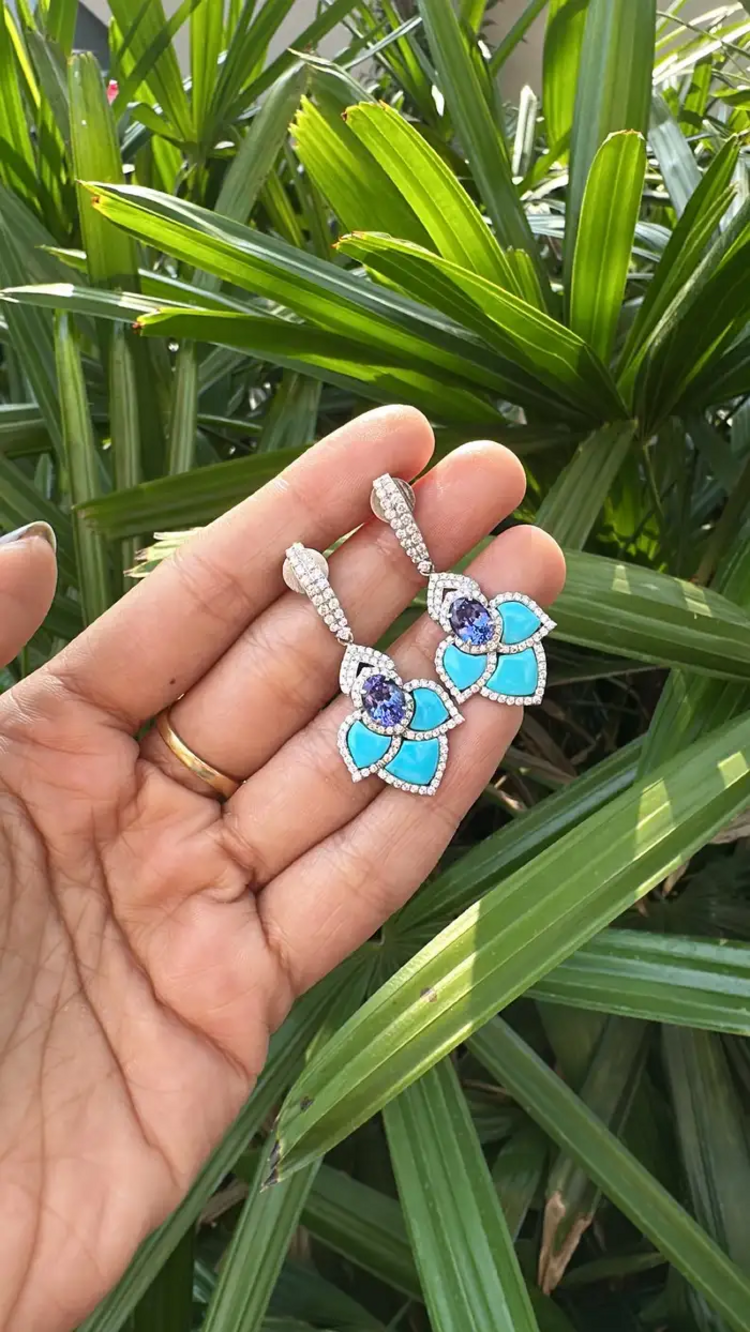 18k White Gold Turquoise & Tanzanite Dangle Earrings - Natural Diamond Earrings
