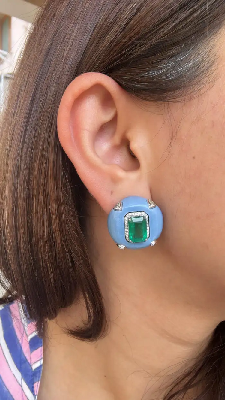 Natural Zambian Emerald & Blue Opal Stud Earrings - 18k White Gold Diamond Earrings