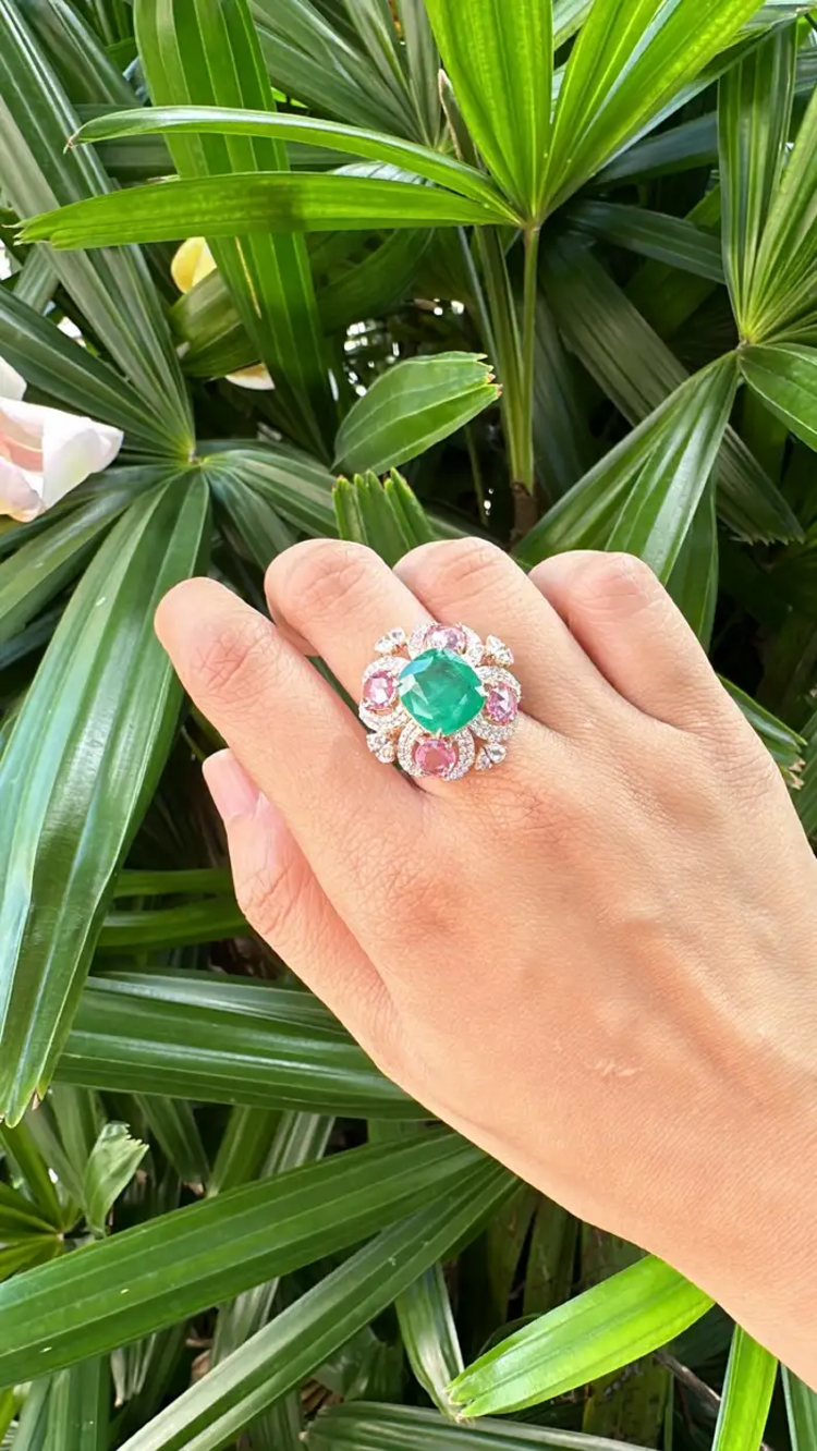 Natural Zambian Emerald & Ceylon Pink Sapphire Ring - 18k Rose Gold Diamond Wedding Ring
