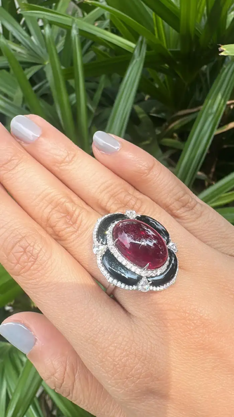 Natural Tourmaline & Black Onyx Cocktail Ring - 18k White Gold Diamond Handmade Ring