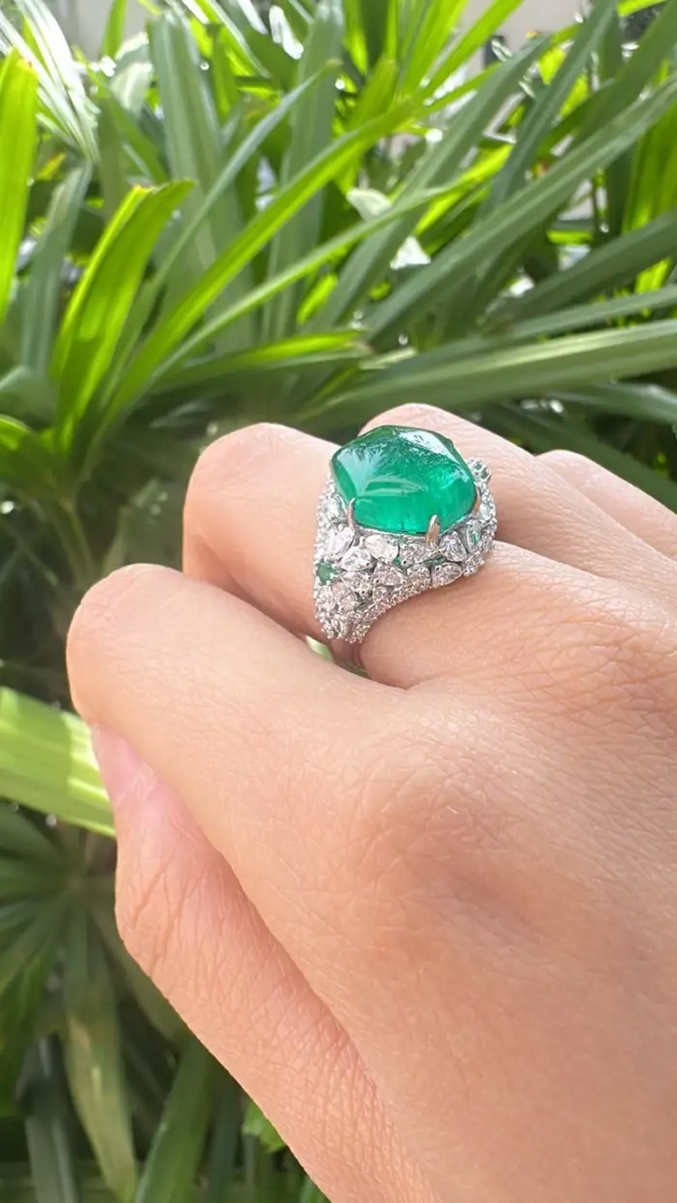 Natural 8.08 Ct. Zambian Emerald Cocktail Ring - 18k White Gold Diamond Wedding Ring
