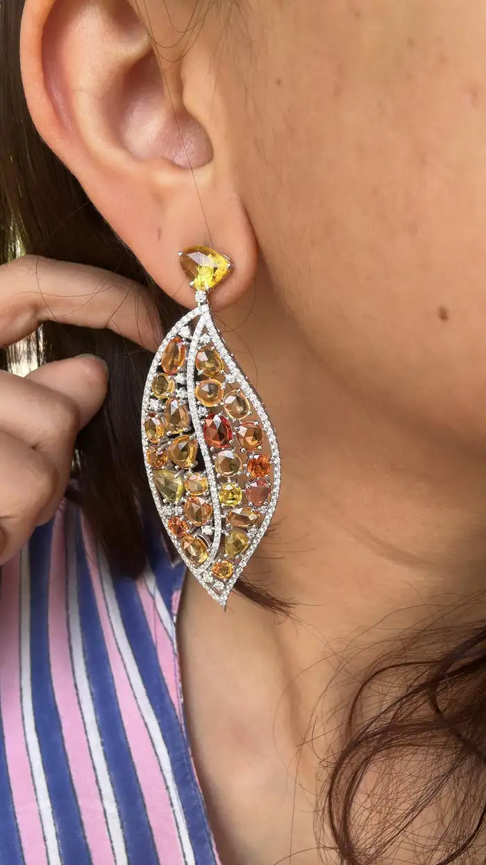 18k White Gold Diamond Dangle Earrings - Natural Yellow Sapphire Gemstone Women Earrings