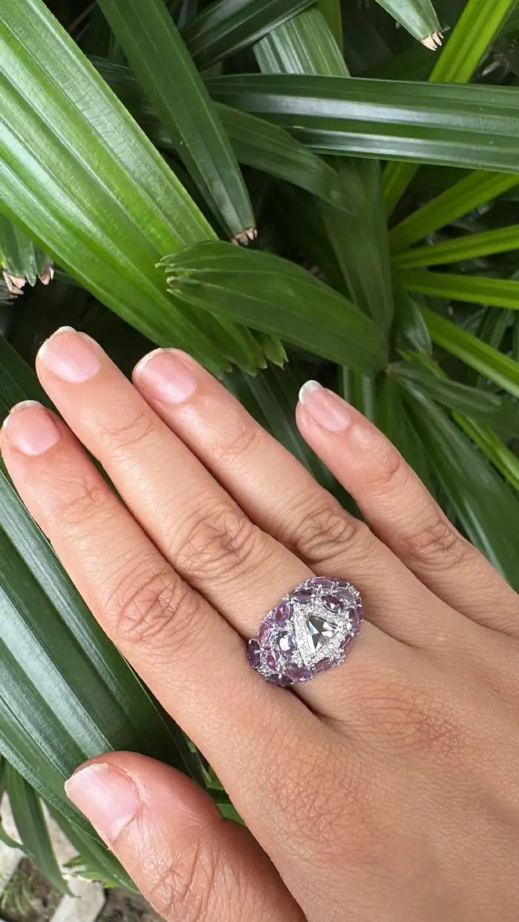 18k White Gold Rose Cut Diamond Ring - Natural Multi Sapphire Wedding Ring