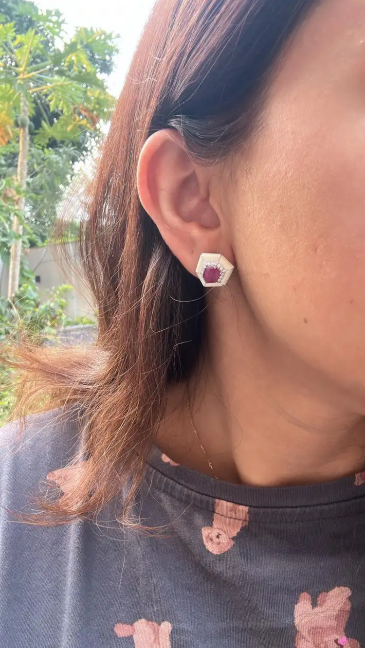 18k White Gold Handmade Minimalist Stud Earrings - Natural Mozambique Ruby White Enamel Earrings - Gold Diamond Earrings