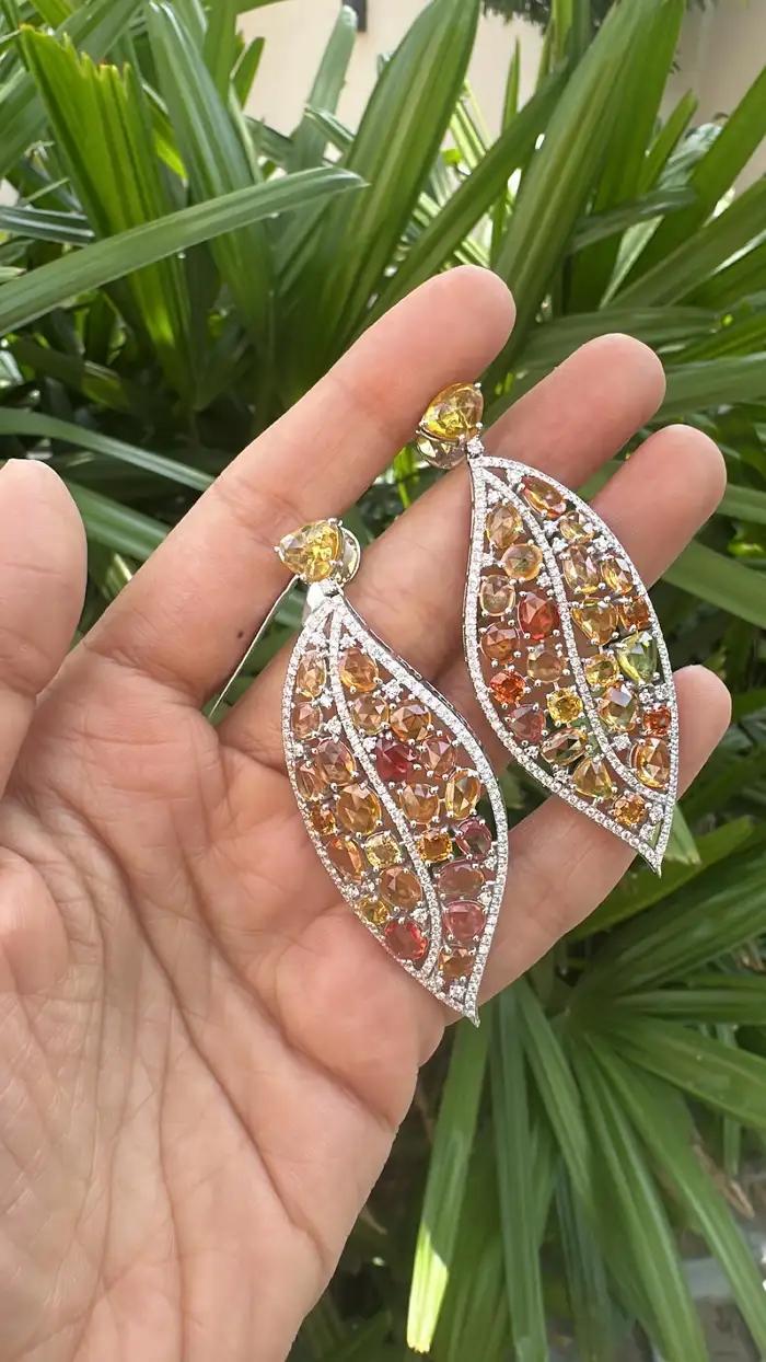 18k White Gold Diamond Dangle Earrings - Natural Yellow Sapphire Gemstone Women Earrings