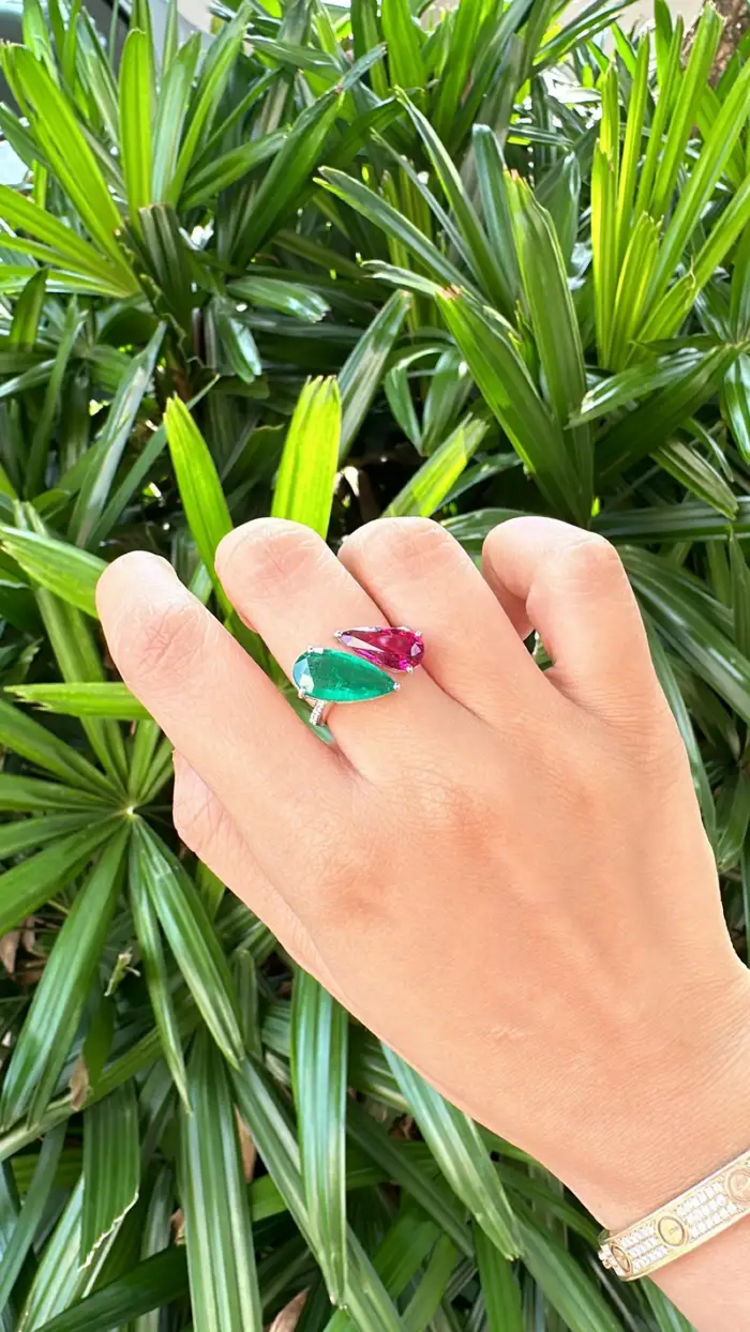 18k White Gold Diamond Cuff Ring - Natural Rubellite & Zambian Emerald Women Ring