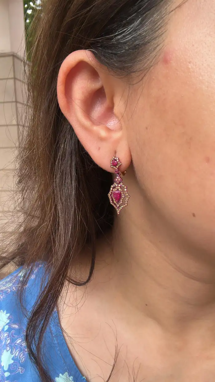 18k Gold Red Rhodium Diamond Dangle Earrings - Natural Mozambique Ruby Earrings