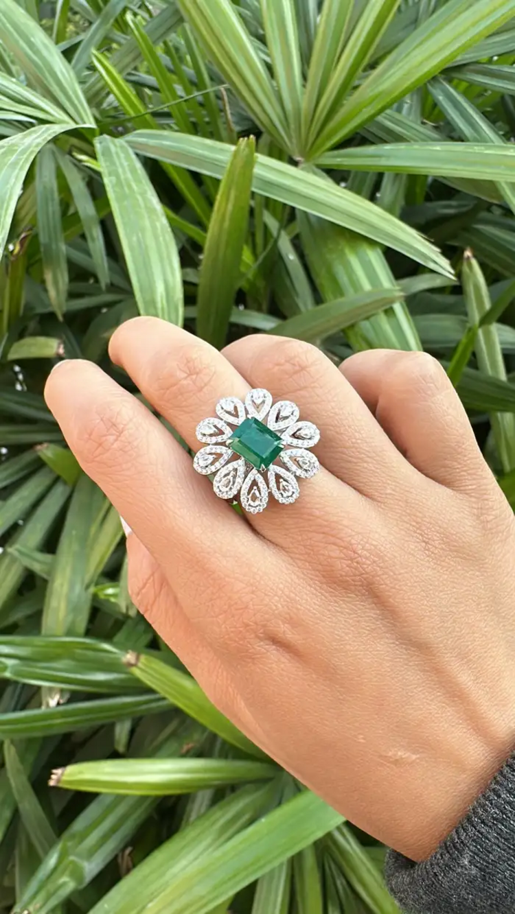 Solid 18k White Gold Diamond Floral Wedding Ring - Natural Zambian Emerald Statement Ring