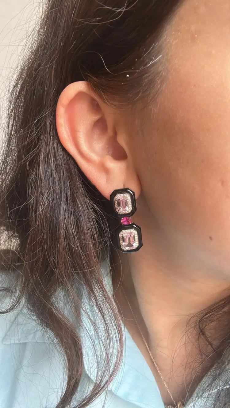 4.79 Ct. Morganite Gemstone Dangle Earrings - Solid 18k Rose Gold Diamond Wedding Earring - Natural Ruby Gemstone & Black Onyx Women Jewelry