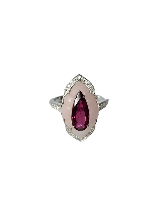 Natural Rubellite & Pink Opal Wedding Ring - 18k White Gold Handmade Diamond Ring