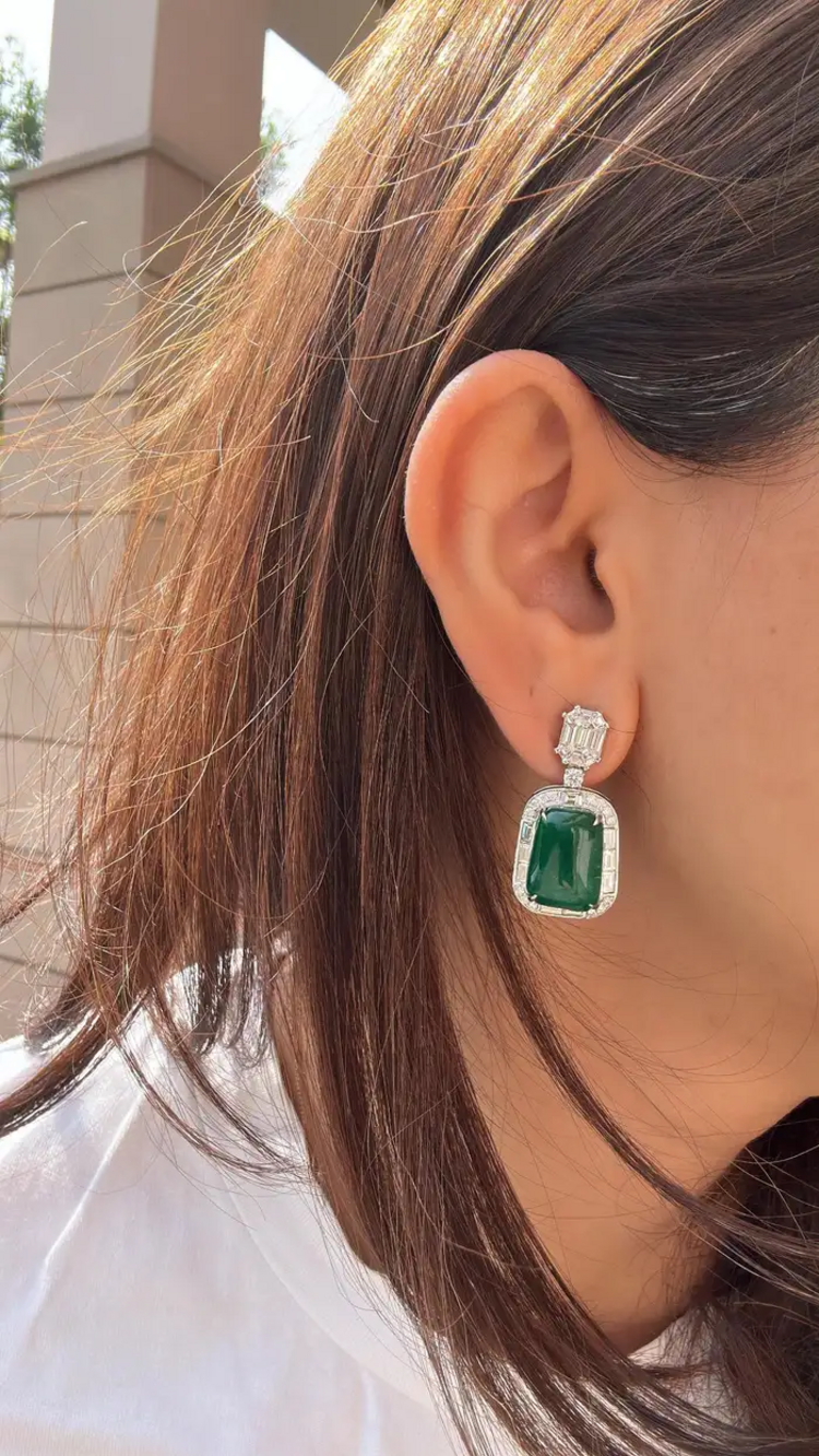 Emerald Cabochons & Diamonds Dangle Earrings - 18k White Gold Handmade Women Earrings