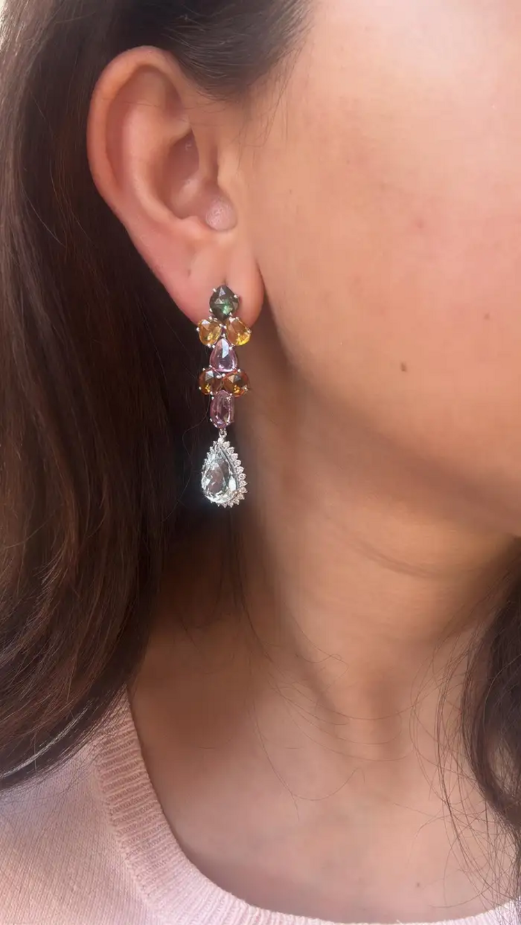Natural Multi Sapphire & Pear Shape Aquamarine Gemstone Dangle Earrings - 18k White Gold Diamond Earrings