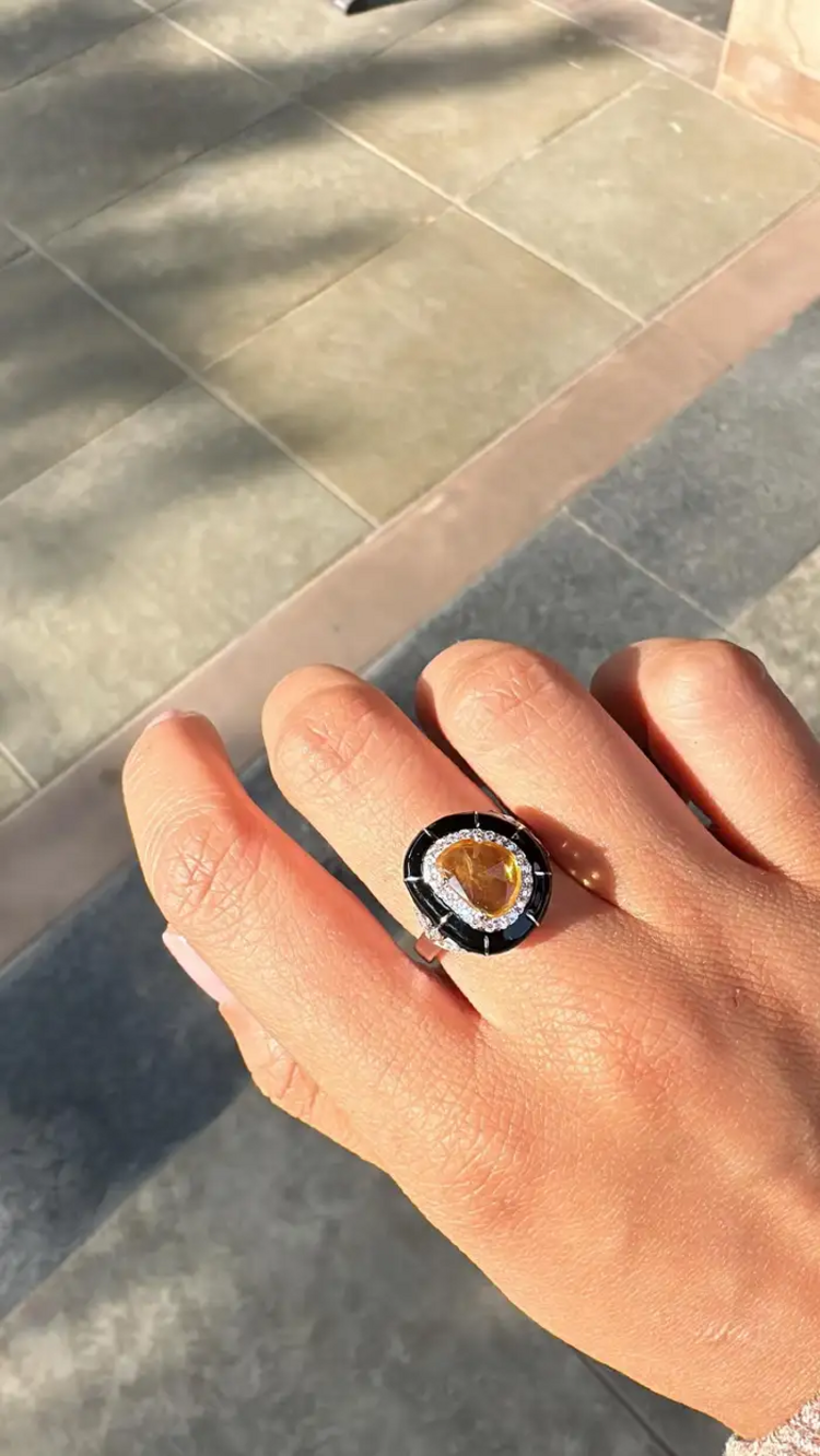Ceylon Yellow Sapphire & Black Enamel Tiny Ring - 18k White Gold, Diamond Handmade Ring
