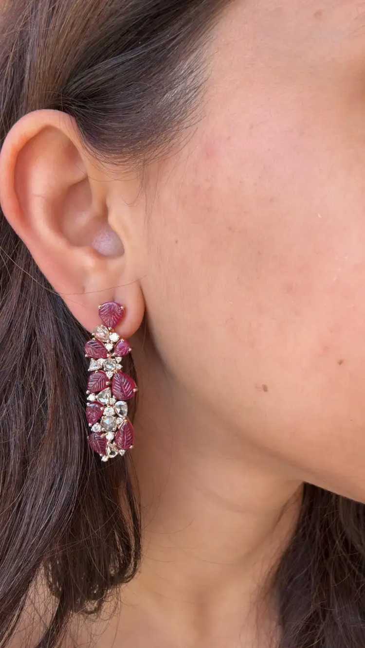 18k Rose Gold Mozambique Ruby Dangle Earrings - Natural Rose Cut Diamond Chandelier Earrings