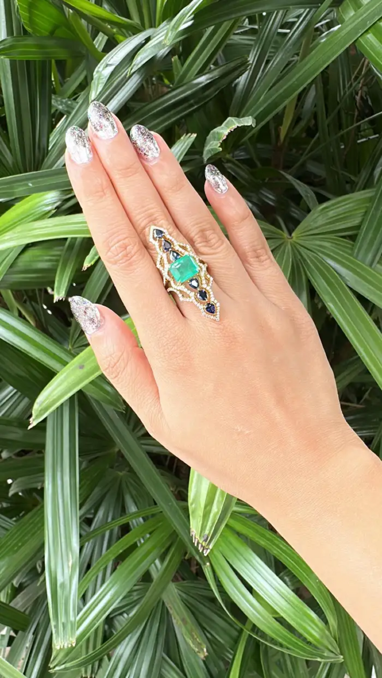 18k Yellow Gold Diamond Handmade Ring - Natural Colombian Emerald & Blue Sapphire Cocktail Ring