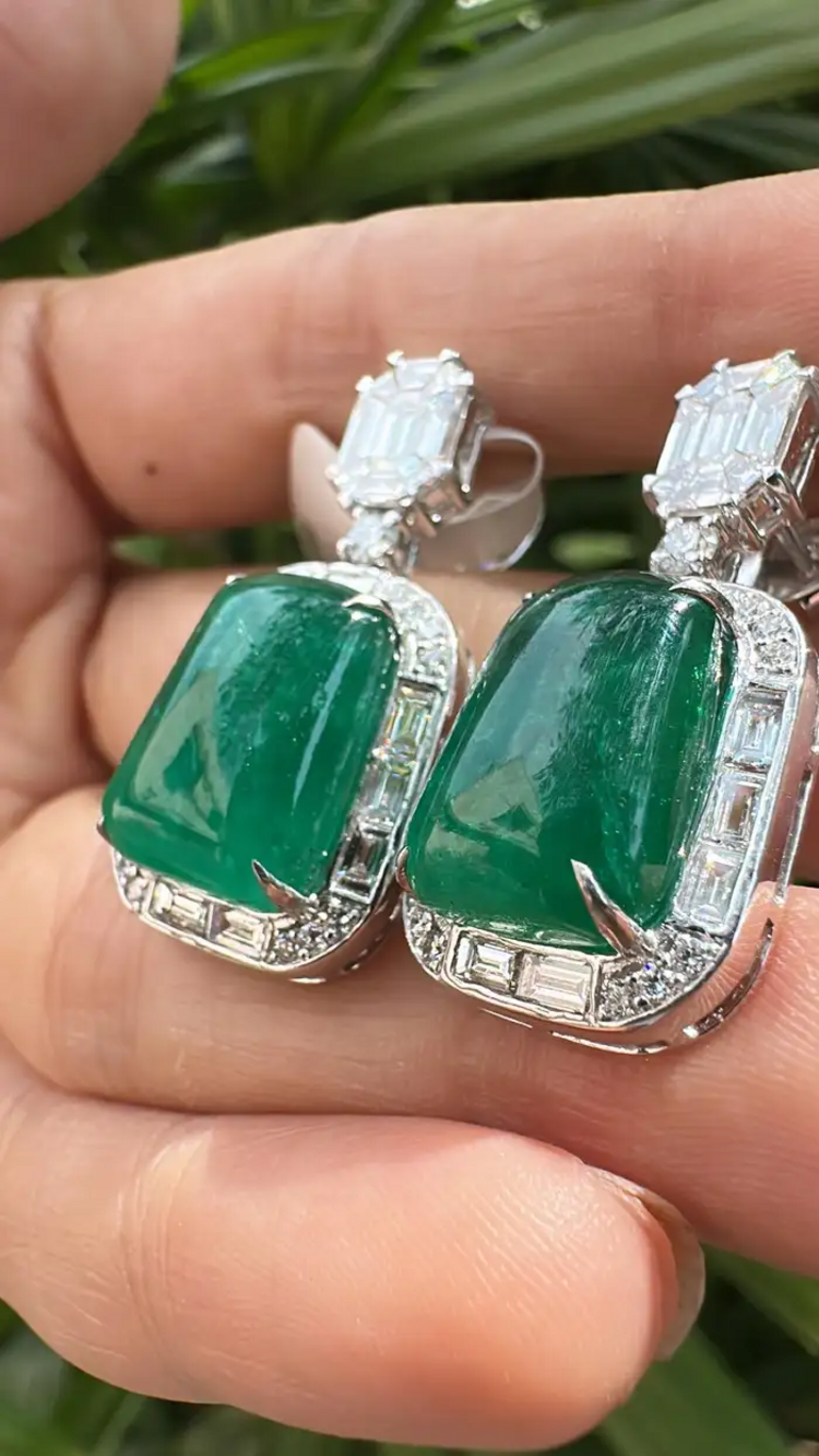 Emerald Cabochons & Diamonds Dangle Earrings - 18k White Gold Handmade Women Earrings