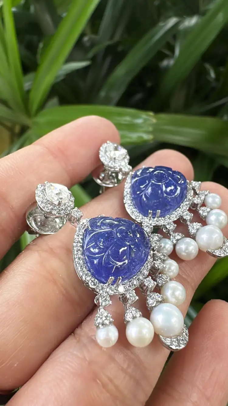 18k White Gold Diamond Dangle Earrings - Natural Tanzanite & Freshwater Pearl Earrings