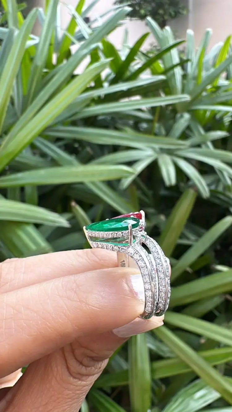 Natural Pear Shape Zambian Emerald & Mozambique Ruby Wedding Ring - 18k White Gold Diamond Ring
