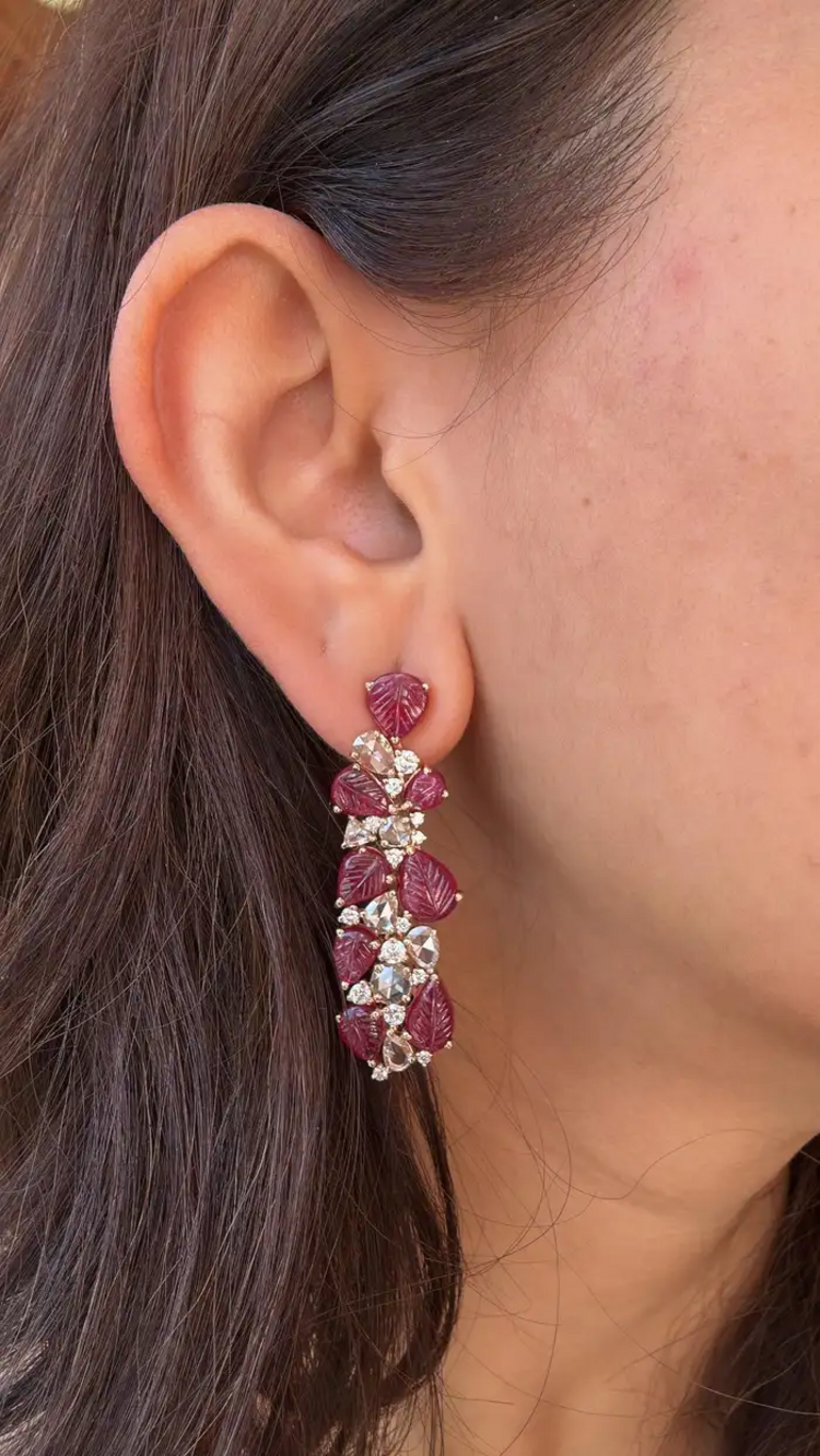 18k Rose Gold Mozambique Ruby Dangle Earrings - Natural Rose Cut Diamond Chandelier Earrings