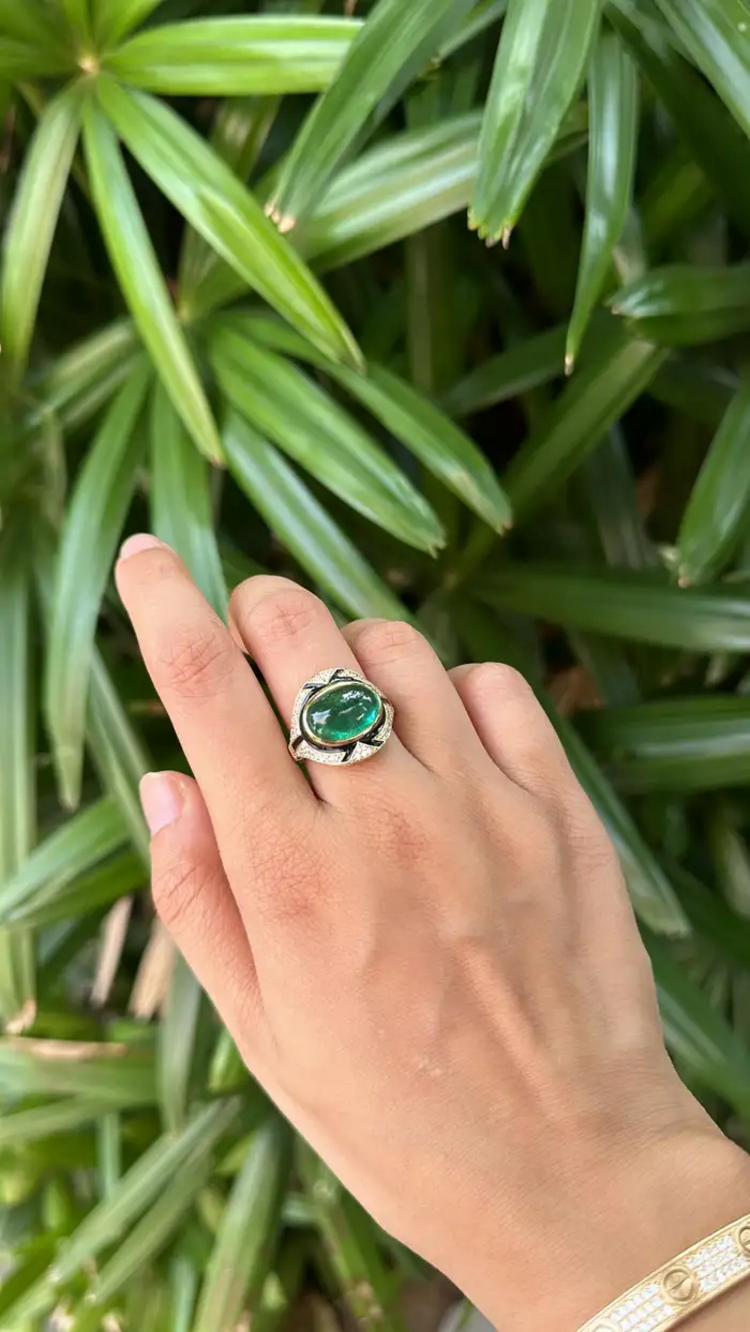 18k Yellow Gold Emerald & Diamond Art Deco Ring - Natural Zambian Emerald Women Jewelry