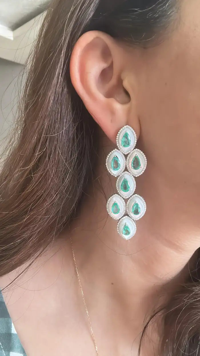 18k White Gold Handmade Chandelier Earring - Natural Colombian Emerald & Mother of Pearl Earrings