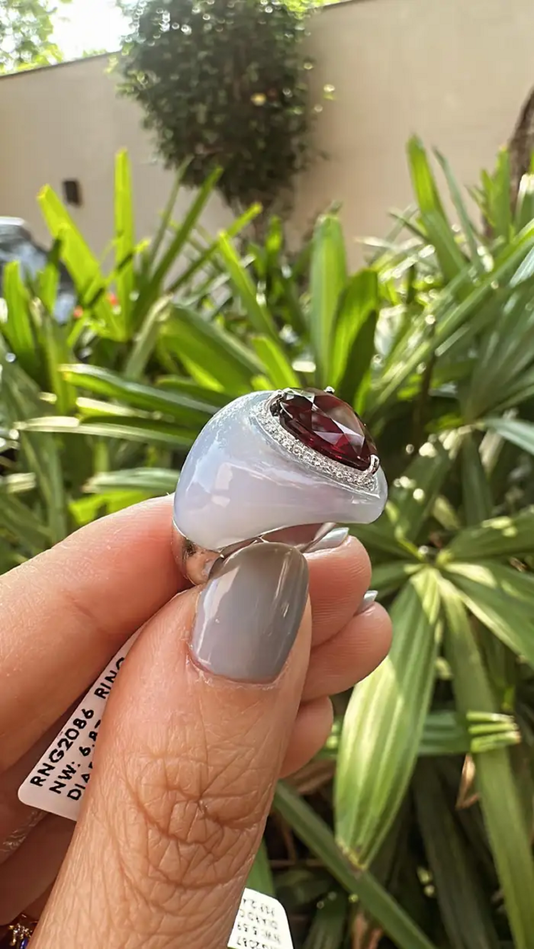 4.93 Heart Shape Rubellite & Chalcedony Anniversary Ring - 18k White Gold Diamond Cocktail Ring