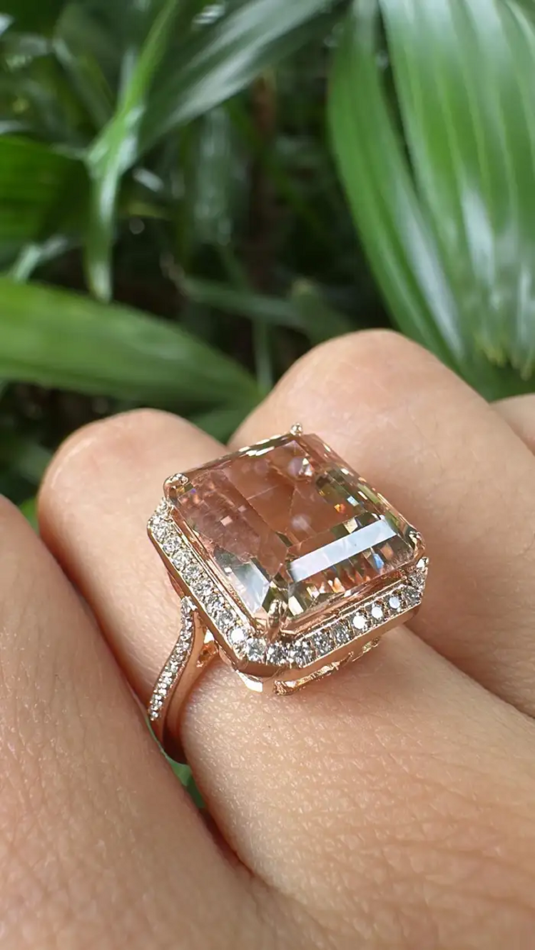 Natural Morganite Wedding Ring - 18k Rose Gold Diamond Cocktail Ring