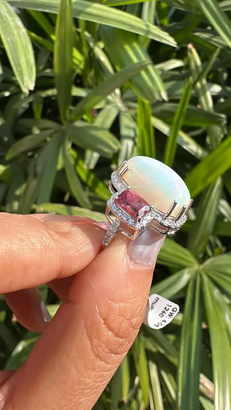 Natural Ethiopian Opal & Rubellite Statement Ring - 18k White Gold Diamond Women Ring
