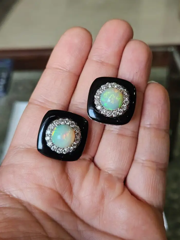Natural Black Onyx & Ethiopian Opal Stud Earrings - 18k White Gold Diamond Handmade Earrings
