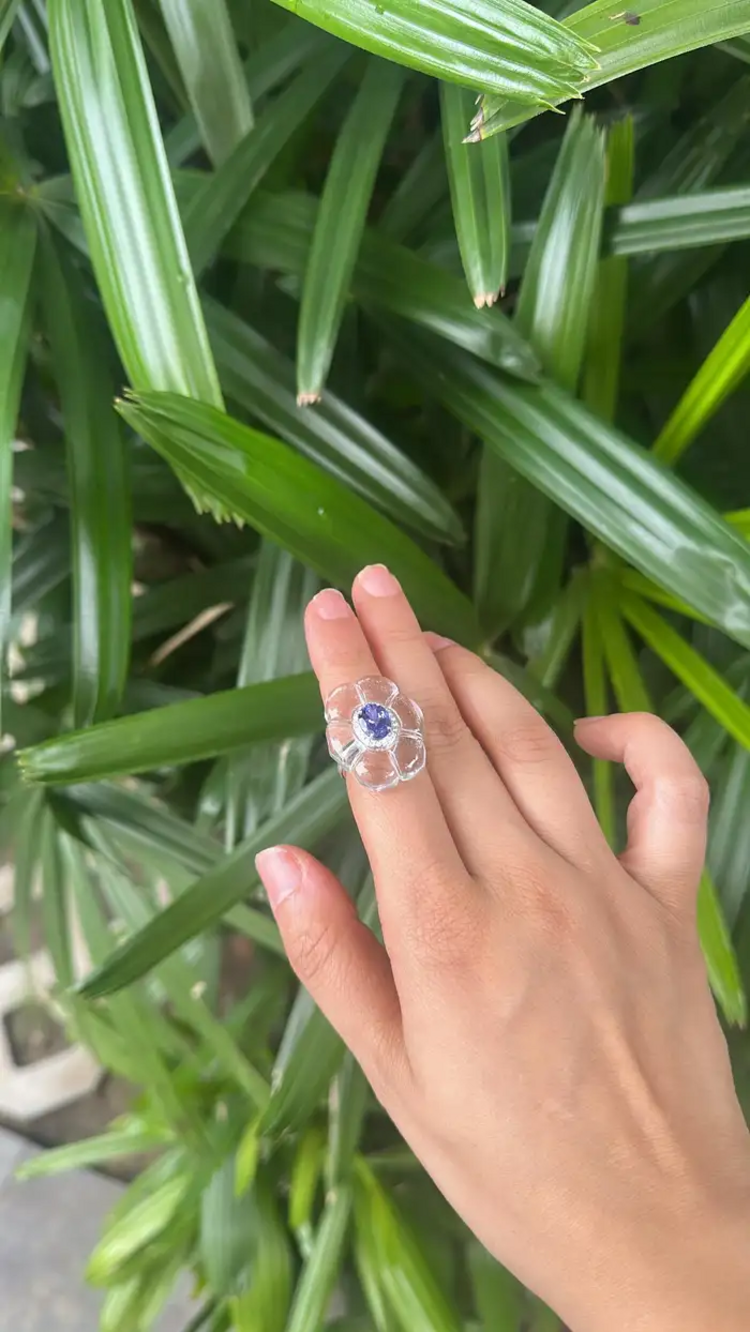 18k White Gold Diamond Cocktail Ring - Natural Tanzanite & Crystal Ring