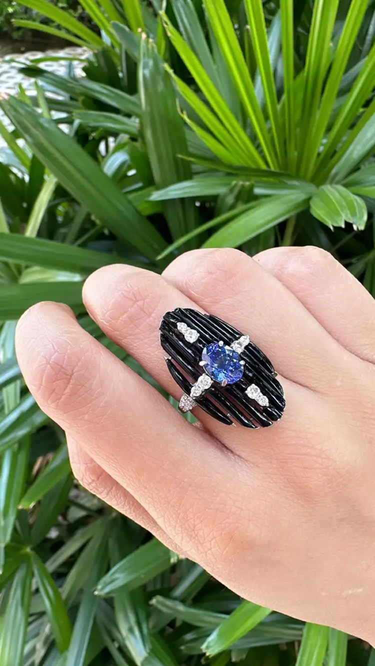 Black Onyx & Tanzanite Gemstone Ring - 18k White Gold Diamond Cocktail Ring