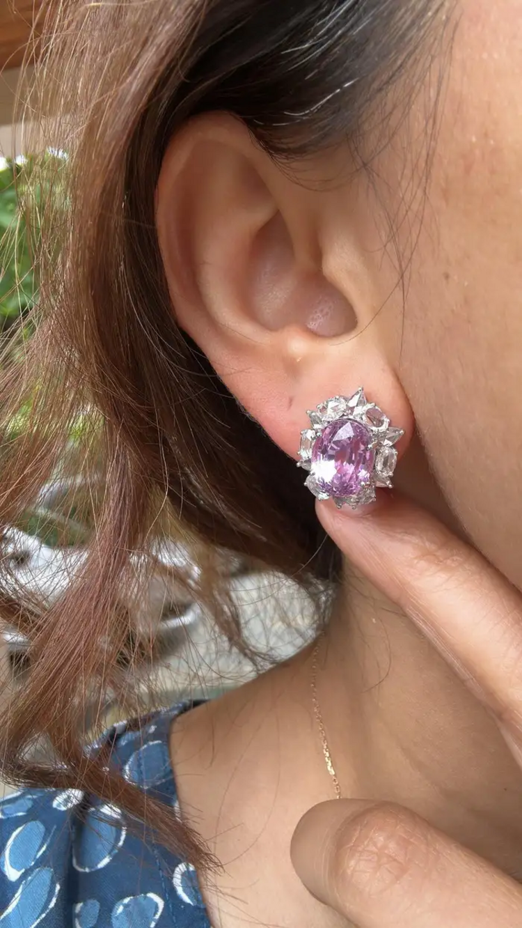 11.26 Ct. Kunzite Stud Earrings - 18k White Gold Rose Cut Diamond Earrings
