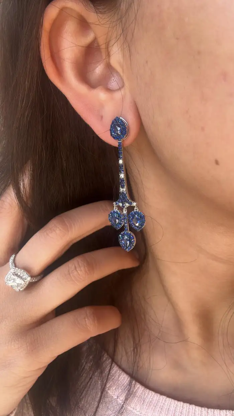 Natural Ceylon Blue Sapphire Chandelier Earring - 18k White Gold Diamond Handmade Dangle Earrings