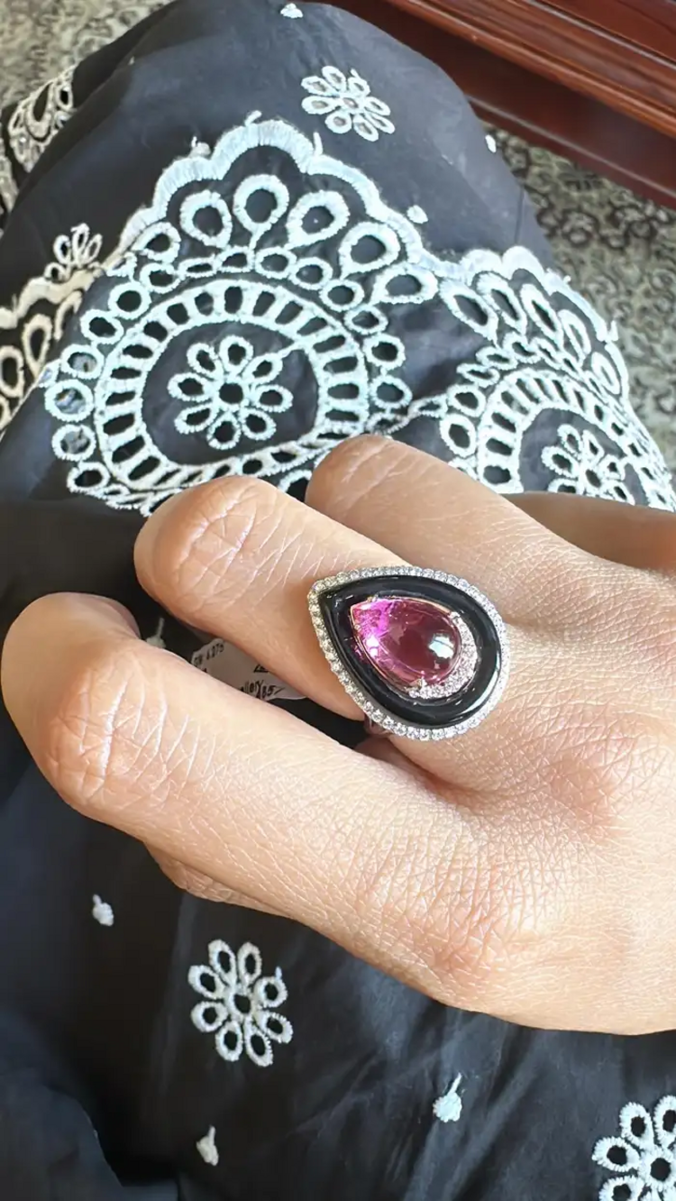 Tourmaline cabochon, Black Onyx & Diamonds Engagement Ring