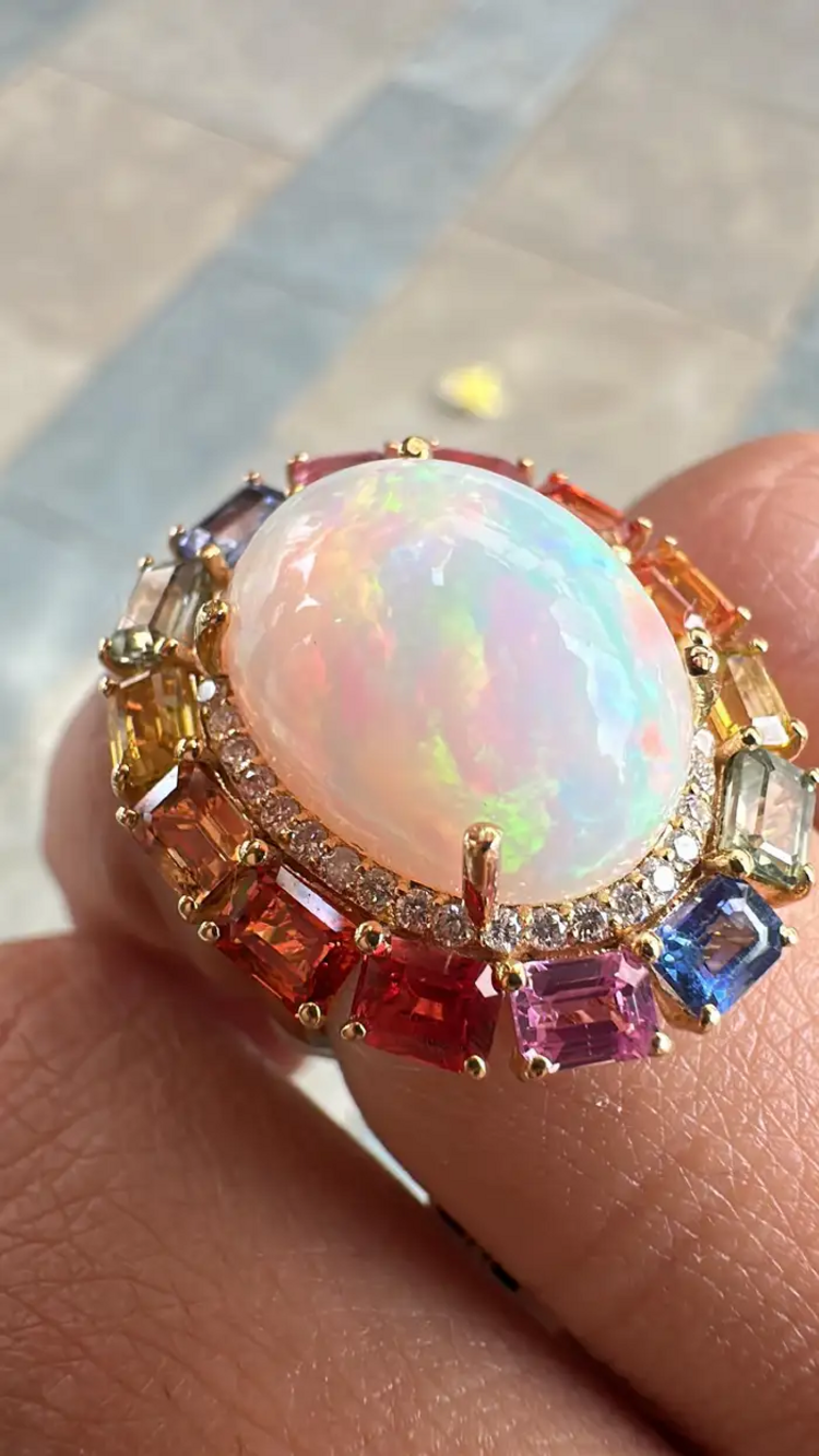 Ethiopian Opal & Multi Sapphire Cocktail Ring - 18k Gold Diamond Wedding Ring