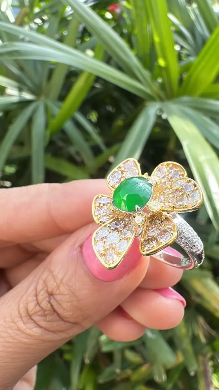 18k Yellow Gold Handmade Diamond Ring - Natural Jade Gemstone Engagement Ring