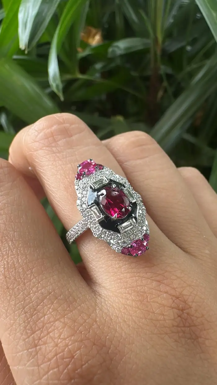 18k White Gold Diamond Ring - Natural Tourmaline & Black Enamel Ring