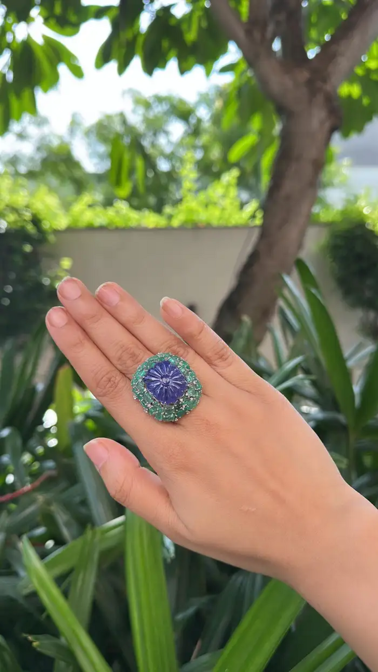 18k White Gold Diamond Statement Ring - Natural Tanzanite & Zambian Emerald Cocktail Ring