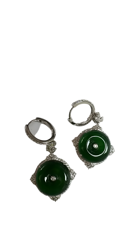 18k White Gold HKJSL Certified, Fei Cui Jade & Diamonds Dangle Earrings
