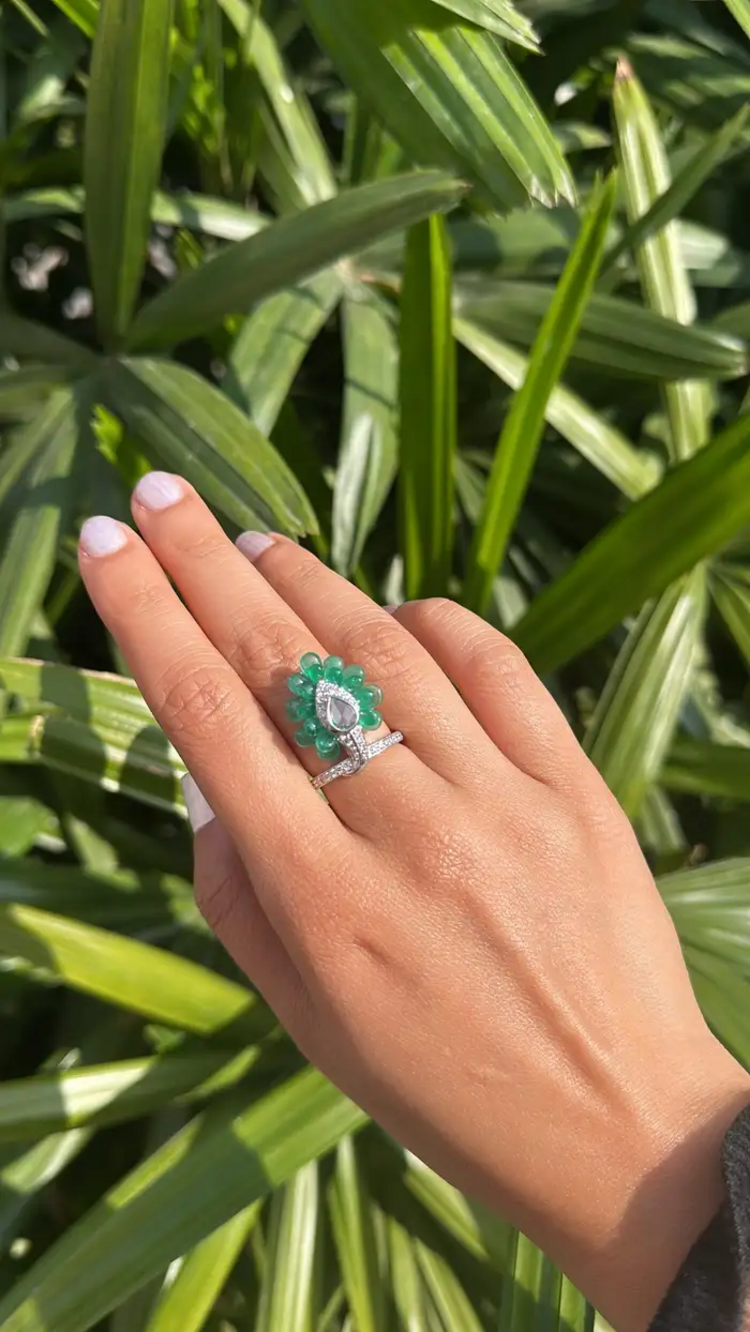 Natural Zambian Emerald Gold Ring - 18k White Gold Diamond Ring