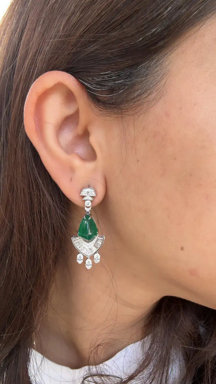 18k White Gold Handmade Dangle Earrings - Natural Zambian Emerald & Diamond Women Earrings